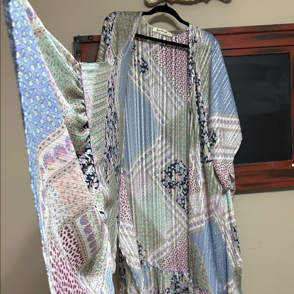 Three Bird Nest Floral Patchwork Long Kimono In P… - image 1